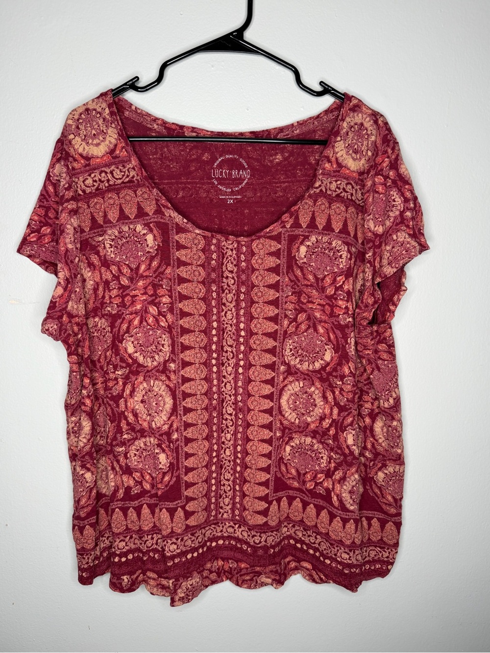 Lucky Brand Womans Top 2XL XXL Red Persian Medallione Print Boho Festival